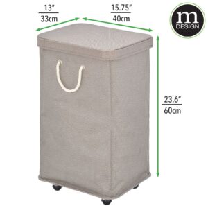 mDesign Large Polyester Rolling Laundry Hamper with Wheels, Removable Lid, and Rope Carrying Handles - Collapsible Hampers with Wheels for Compact Storage - Tall Single Compartment Basket - Taupe