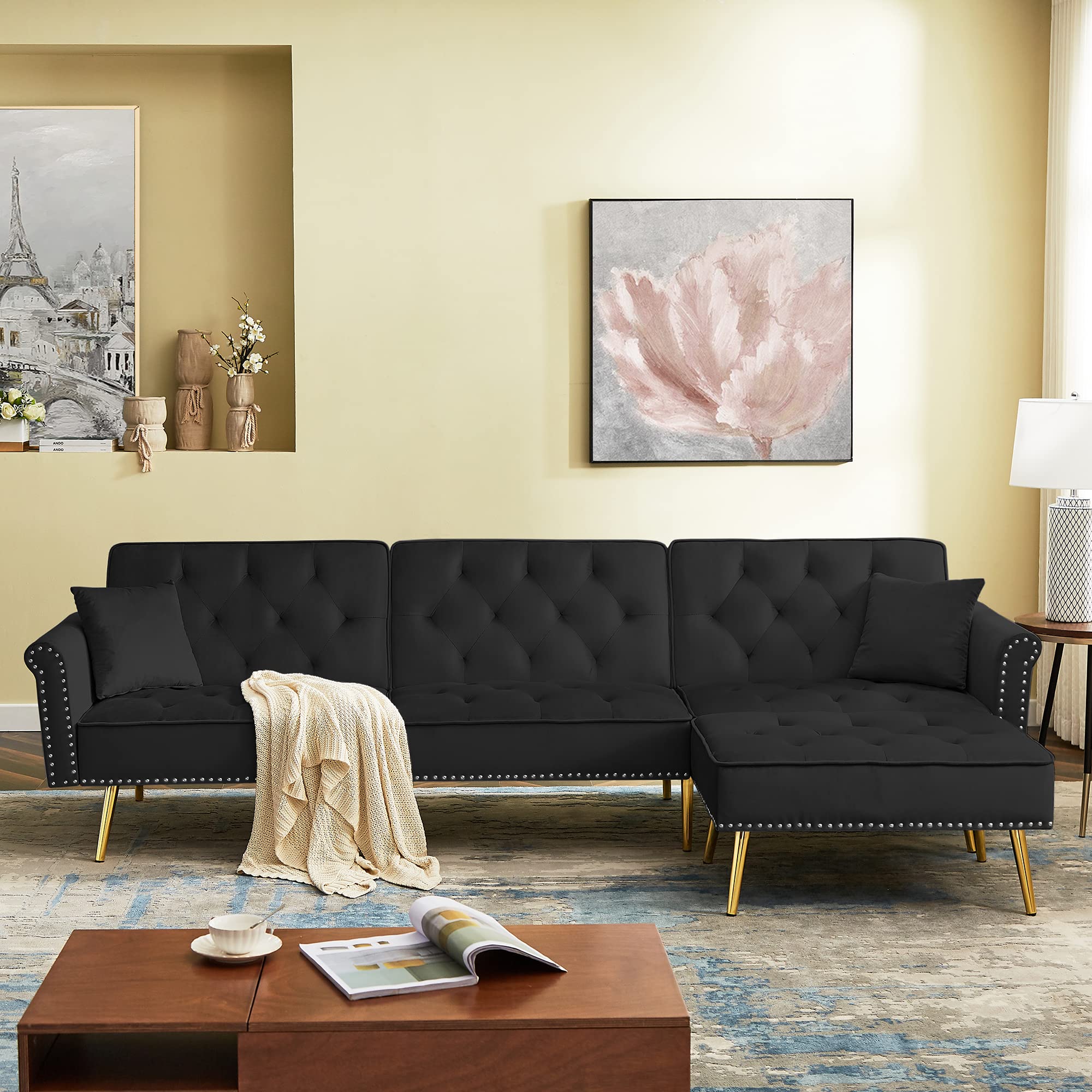 Zushule Convertible Sectional Couch with Chaise Lounge for Living Room, Comfy Velvet Fabric L-Shaped Reversible Reclining Sofa with 3 Seats and Pillows (Black with Golden Leg)