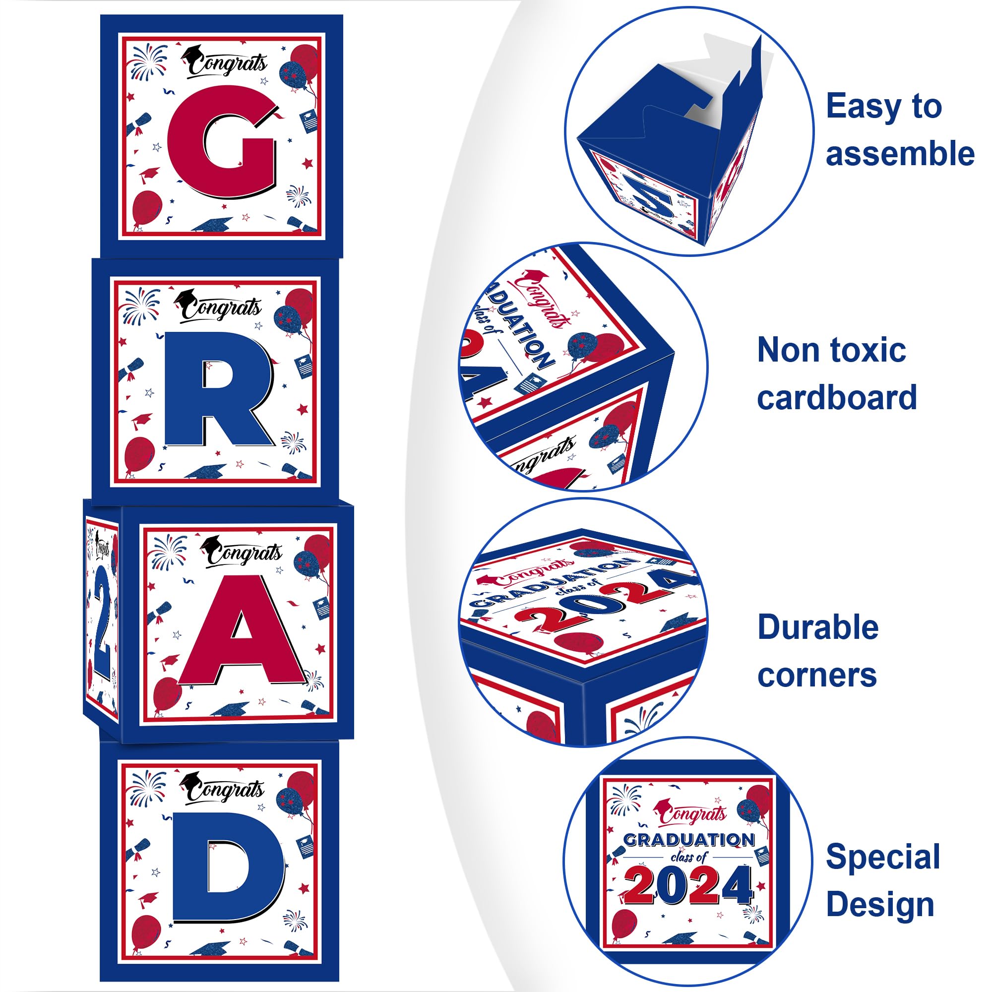 Graduation Decorations Class of 2024, 4 Pcs Red and Blue Graduation Balloon Boxes, 2024 Graduation Decorations, High School and College Graduation Party Decorations Supplies