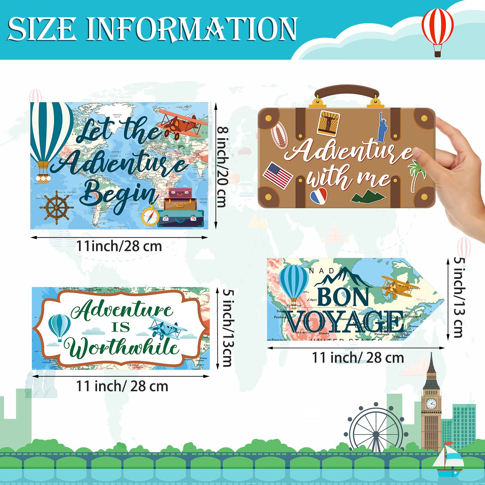 20 Pcs Travel Themed Party Decorations Set Let The Adventure Begin Sign Signs Bon Voyage for Birthday Baby Shower Decorations, 11 x 8 Inch, 5 Inch