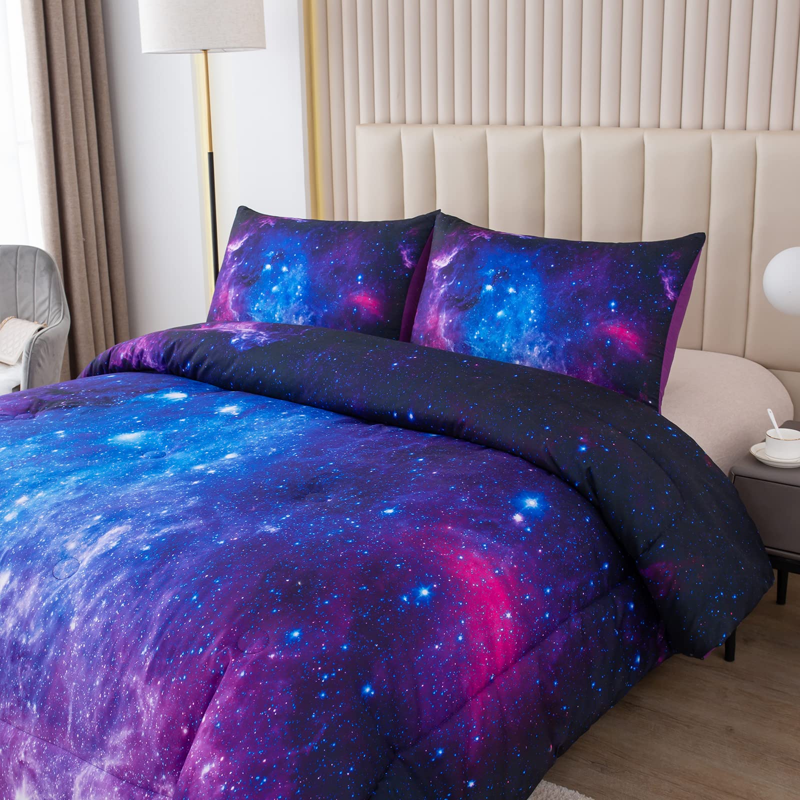 NINENINE Galaxy Bedding Full Size Comforter Sets for Girls Space Bedding Set Girls Comforter Sets Full Purple Bedding Sets with 1 Comforter 2 Pillowcases