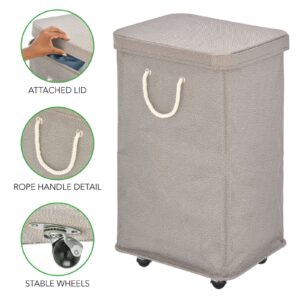 mDesign Large Polyester Rolling Laundry Hamper with Wheels, Removable Lid, and Rope Carrying Handles - Collapsible Hampers with Wheels for Compact Storage - Tall Single Compartment Basket - Taupe