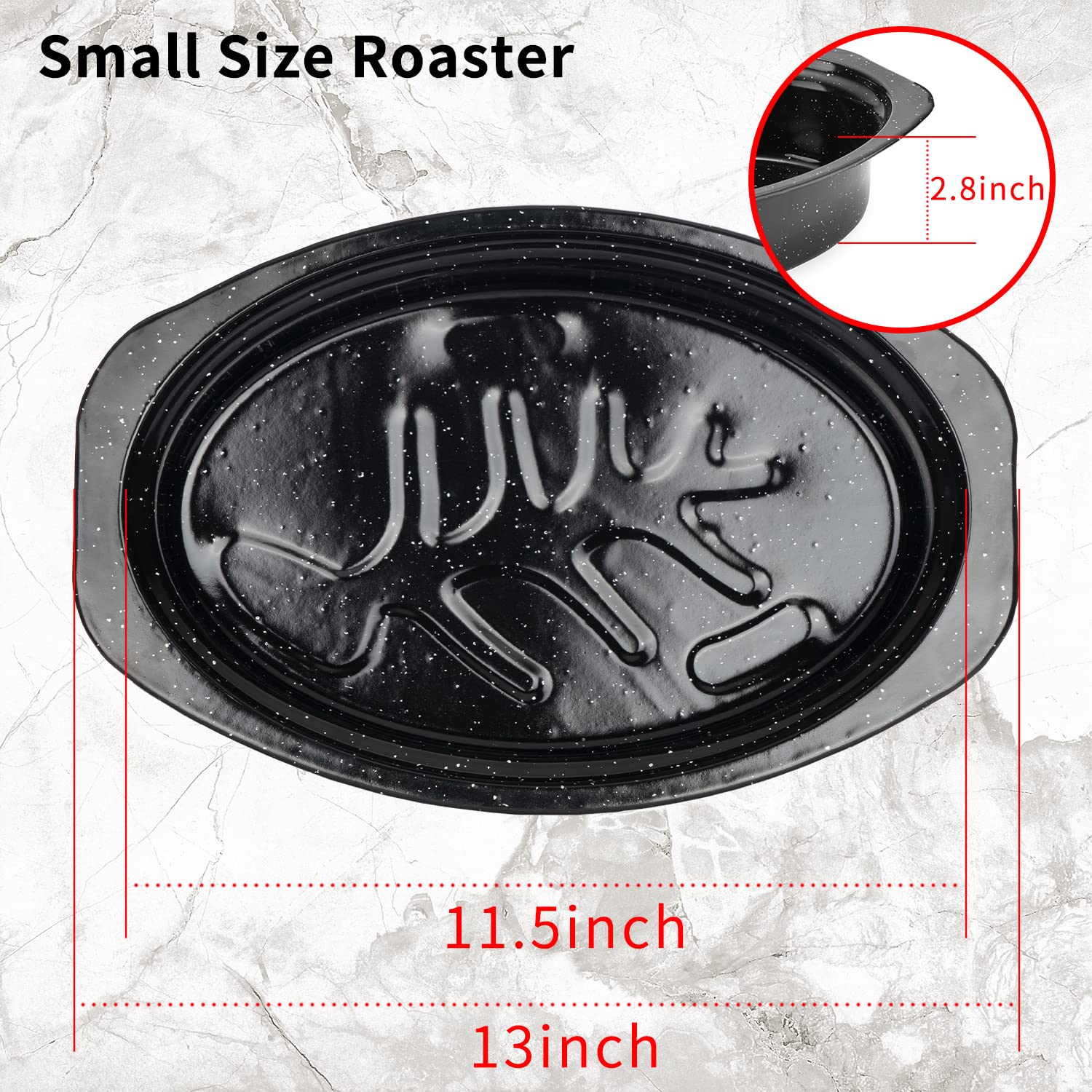 JY COOKMENT Granite Roaster Pan, Small 13” Enameled Roasting Pan with Domed Lid. Oval Turkey Roaster Pot, Broiler Pan Great for Small Chicken, Lamb. Dishwasher Safe Cookware Fit for 7Lb Bird