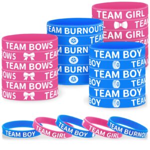 48 pcs burnouts or bows gender reveal silicone wristbands team boy team girl bracelets gender reveal bracelets for baby shower gender reveal party favors, blue and pink