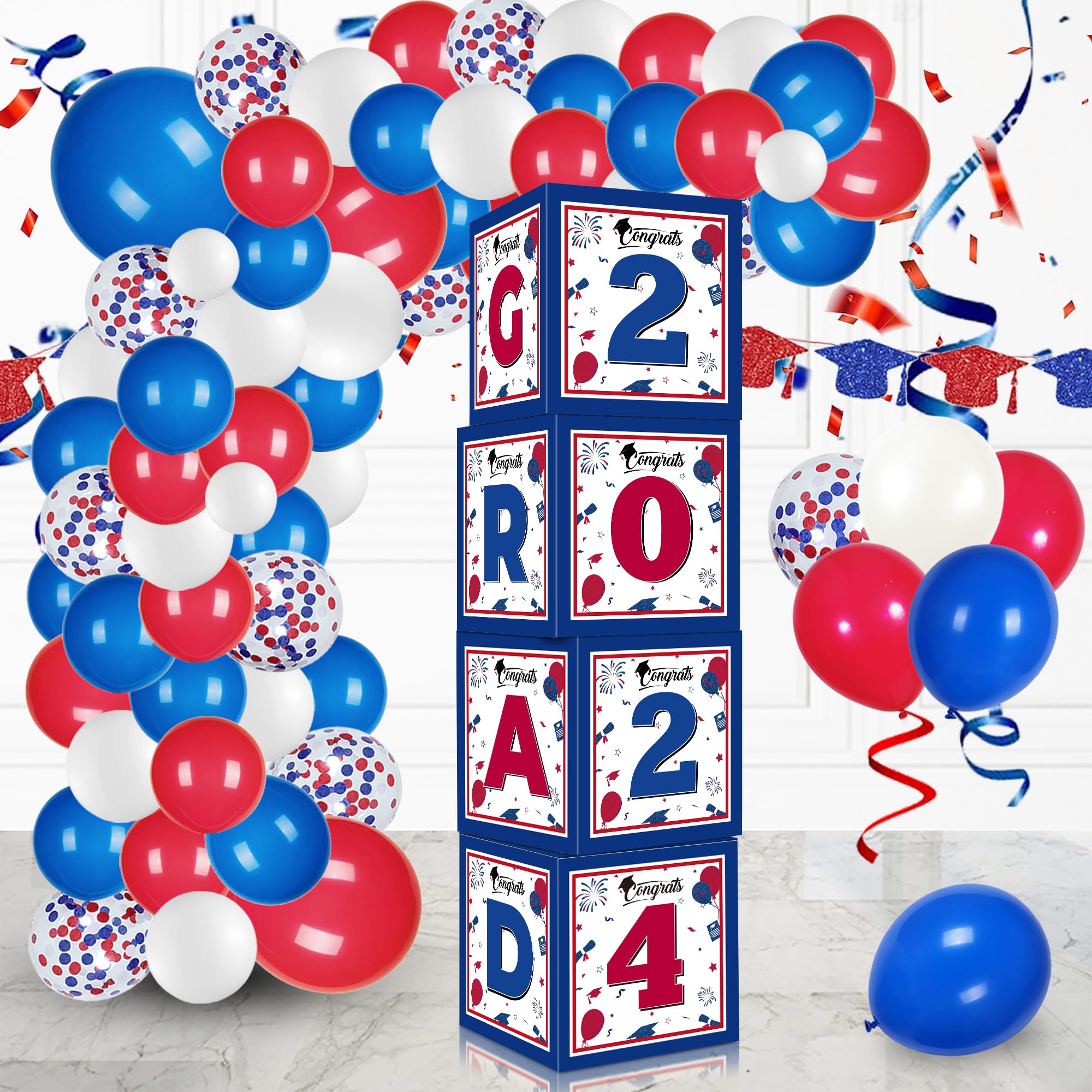 Graduation Decorations Class of 2024, 4 Pcs Red and Blue Graduation Balloon Boxes, 2024 Graduation Decorations, High School and College Graduation Party Decorations Supplies