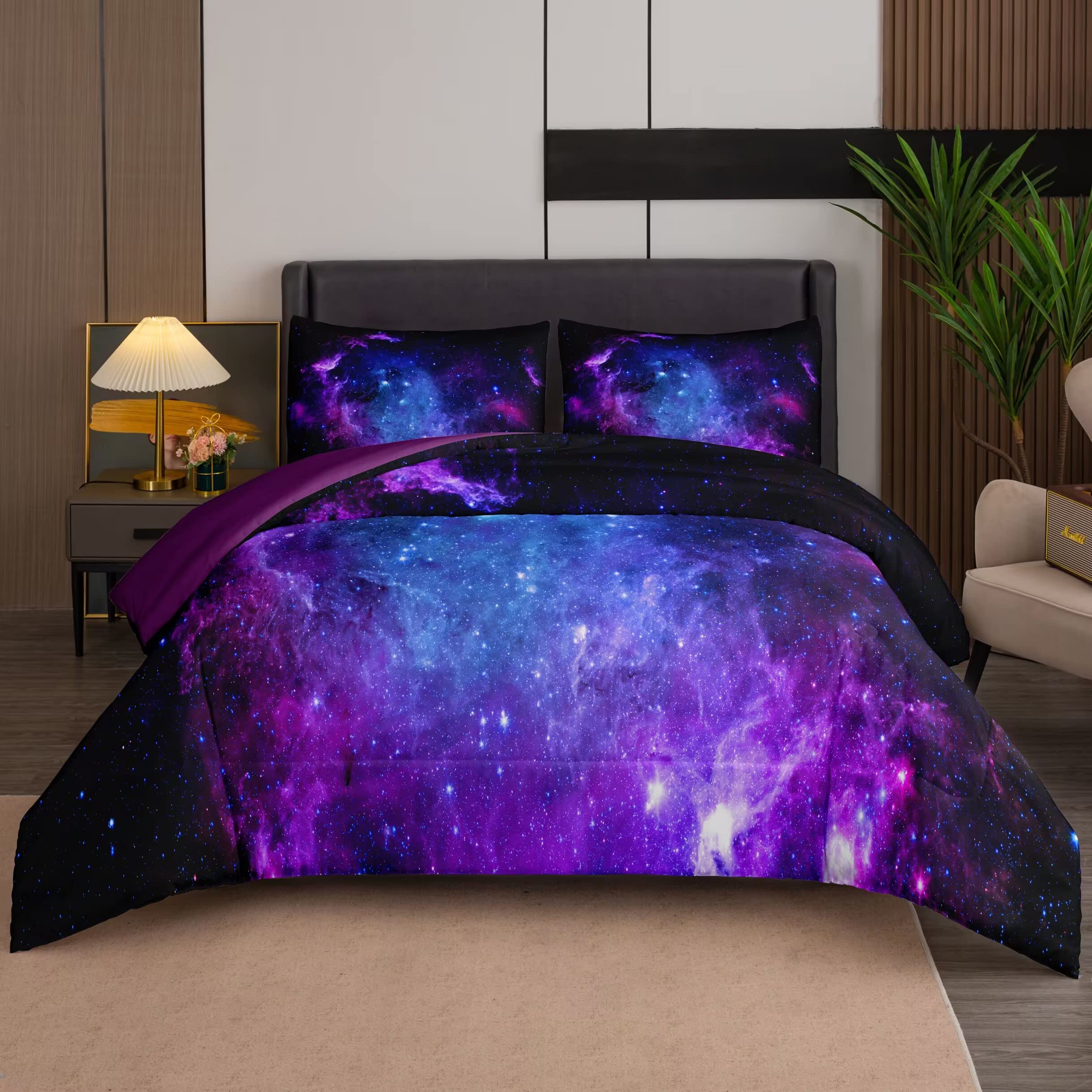 NINENINE Galaxy Bedding Full Size Comforter Sets for Girls Space Bedding Set Girls Comforter Sets Full Purple Bedding Sets with 1 Comforter 2 Pillowcases