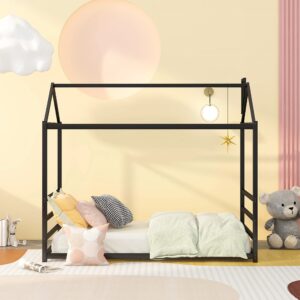 CITYLIGHT House Bed Twin Bed for Kids, Metal Floor Bed Frame with Roof, Montessori Bed for Toddlers, Kids, Girls & Boys (Twin, Black)