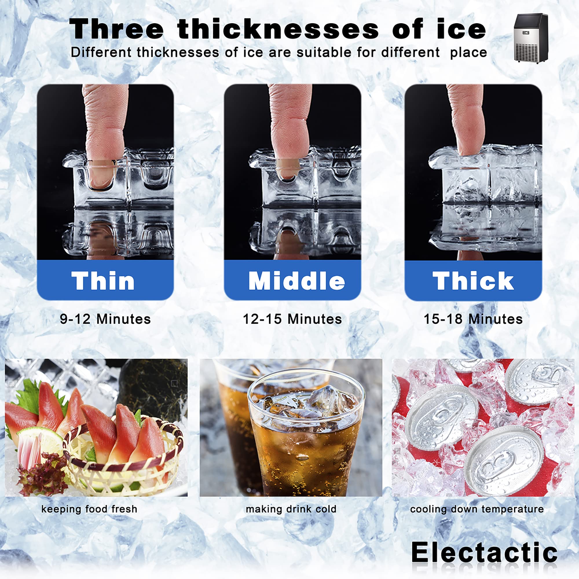 Electactic Ice Maker, Commercial Ice Machine,100Lbs/Day, Stainless Steel Ice Machine with 48 Lbs Capacity, Ideal for Restaurant, Bars, Home and Offices, Includes Scoop Silver