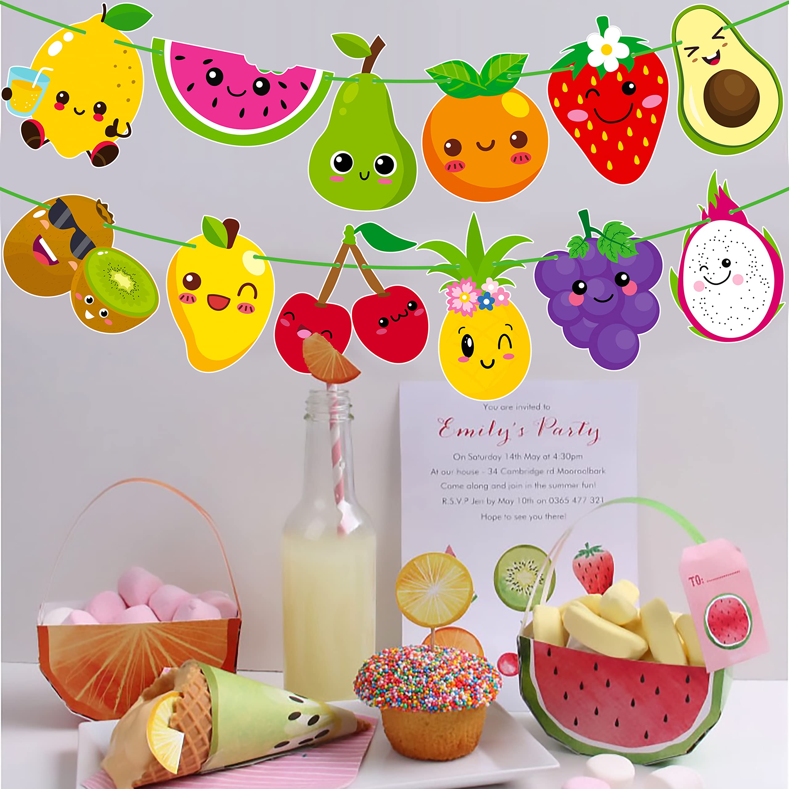 Fruit Theme Birthday Party Decorations Twotti Frutti Party Banner Cute Fruit with Smiling Face Patterns Garland for Summer Fruit Birthday Party Baby Shower Supplies