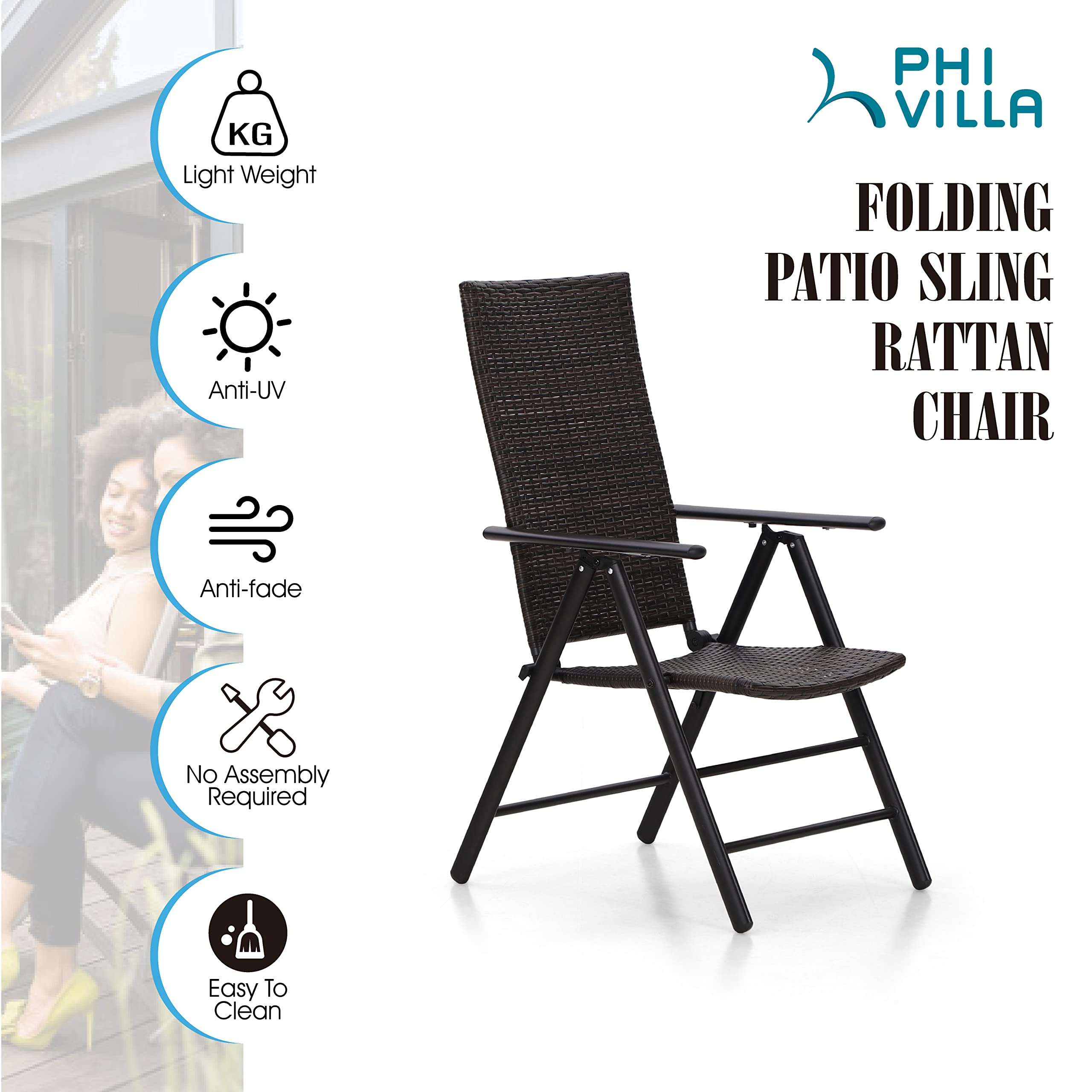 PHI VILLA Patio Wicker Dining Chairs Set of 2, Adjustable Folding Patio Chairs Outdoor Rattan Wicker Chairs for Deck, Porch, Poolside, Yard