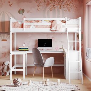 Loft Bed with Desk Twin Size Beds with Storage Shelves Bookcase Wood High Loft Bed Frame for Dorm, Kids Boys Girls Teens, White