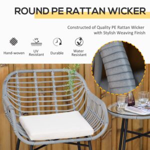 Outsunny 3 Piece Patio Set, Outdoor Bistro Furniture, PE Rattan Wicker Table and Chairs, Cushioned, Hand Woven, Modern Look with Tempered Glass for Garden, Porch, Pool, Backyard, Cream White