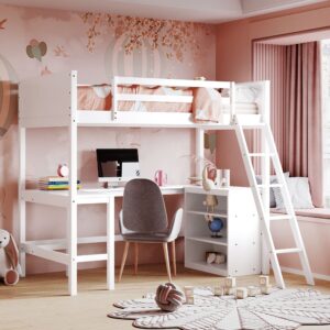 loft bed with desk twin size beds with storage shelves bookcase wood high loft bed frame for dorm, kids boys girls teens, white