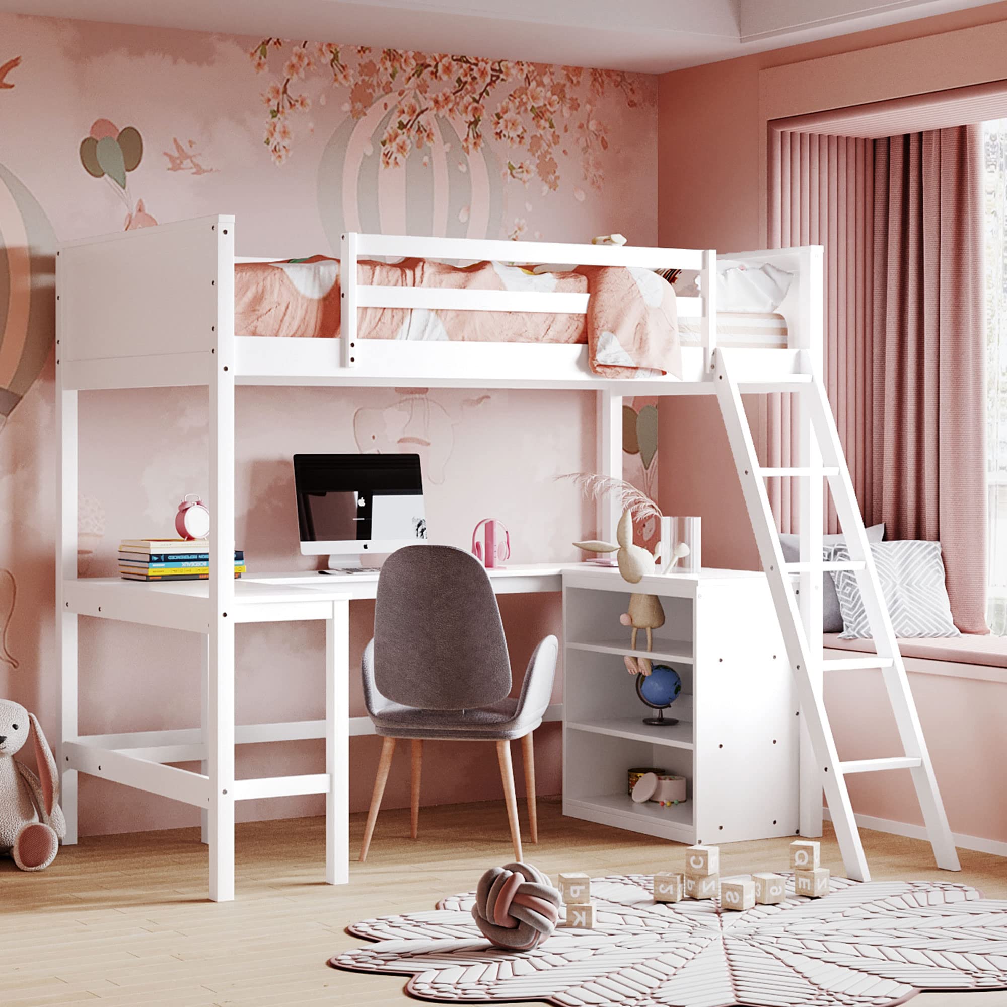 Loft Bed with Desk Twin Size Beds with Storage Shelves Bookcase Wood High Loft Bed Frame for Dorm, Kids Boys Girls Teens, White