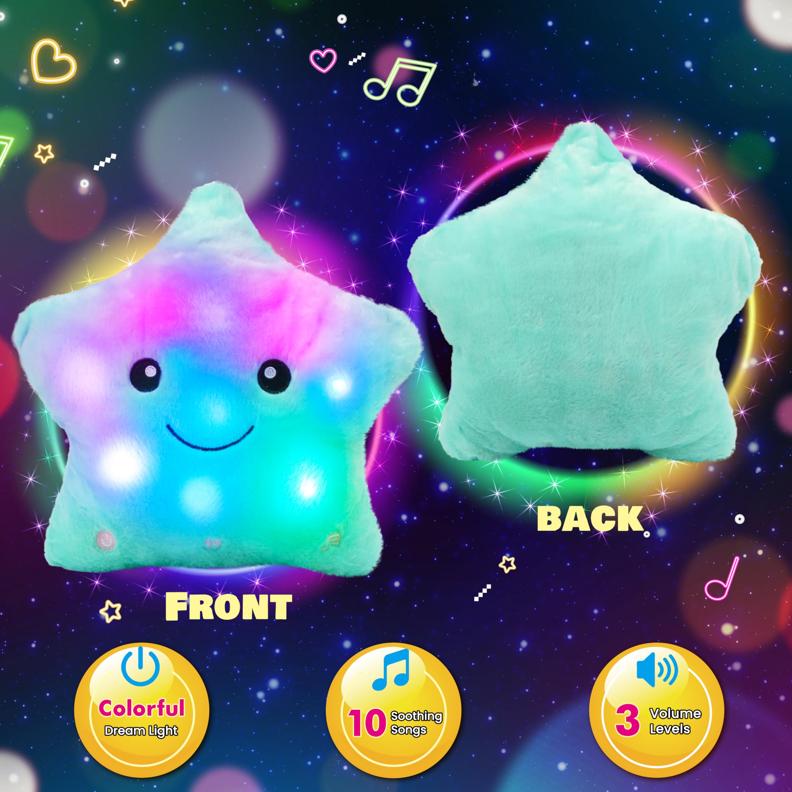 Cuteoy 13" Musical Green Star Plush Pillow Glowing Twinkle Night Light Stuffed Animal LED Toys Adjustable Volume Birthday for Girls Boys