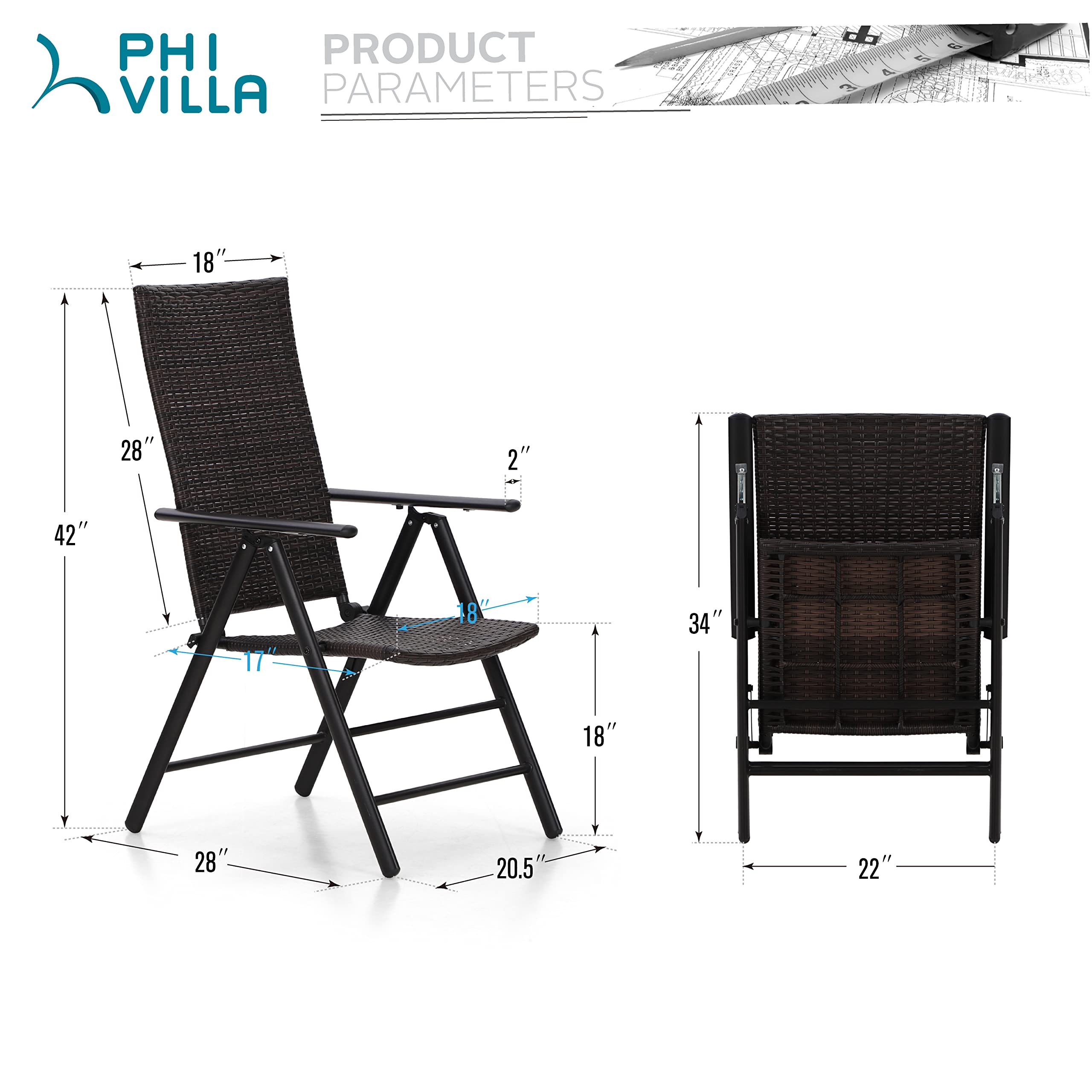 PHI VILLA Patio Wicker Dining Chairs Set of 2, Adjustable Folding Patio Chairs Outdoor Rattan Wicker Chairs for Deck, Porch, Poolside, Yard