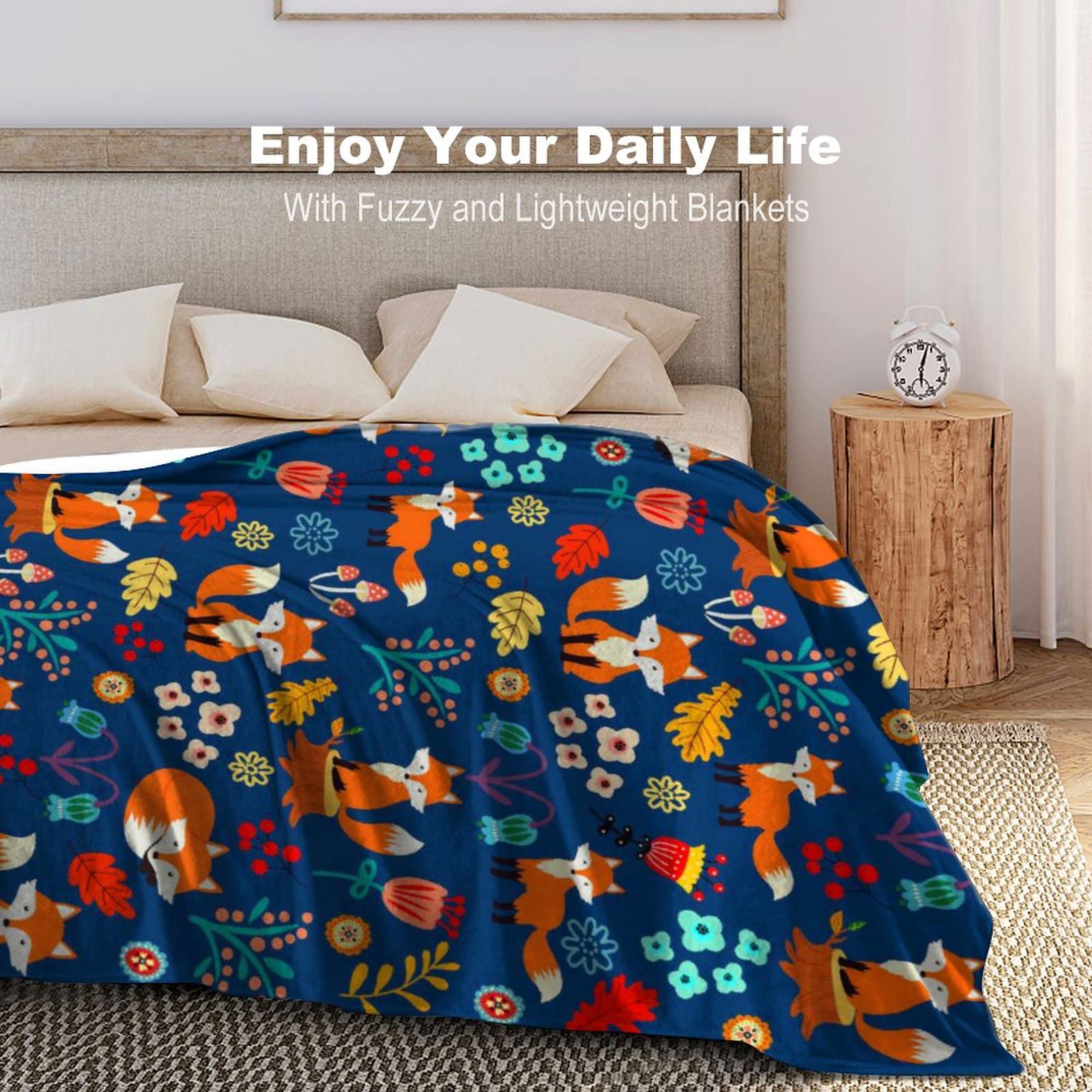 Fox Blanket Flower Soft Comfy Throw Blanket Flannel Fleece Blankets for Bedding Sofa Living Room Kids Adults Boys Girls Gifts 50"X40"