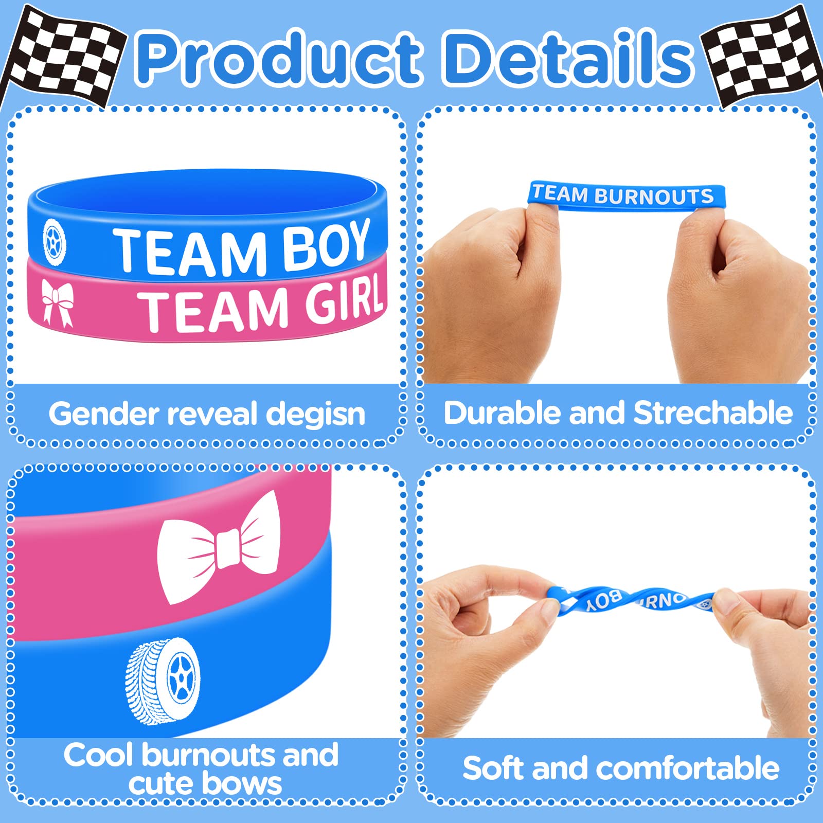 48 Pcs Burnouts or Bows Gender Reveal Silicone Wristbands Team Boy Team Girl Bracelets Gender Reveal Bracelets for Baby Shower Gender Reveal Party Favors, Blue and Pink