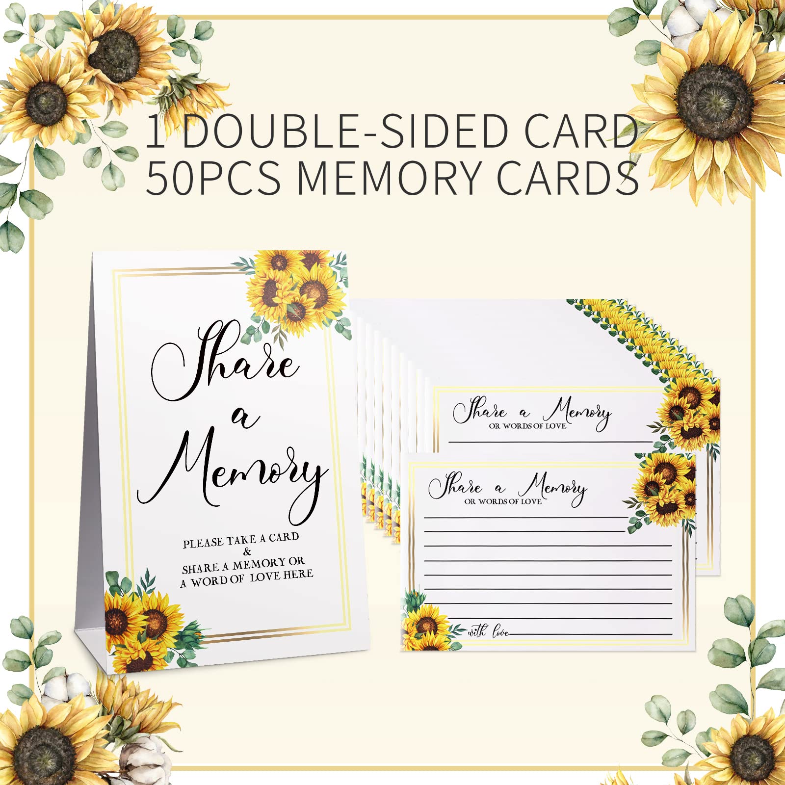 50 Pcs Sunflower Share a Memory Cards Sunflower in Memory Cards Sign Place Cards Seating Place Cards for Celebration of Life Decorations Wedding Funeral Bridal Shower Birthday Anniversary(Black Font)