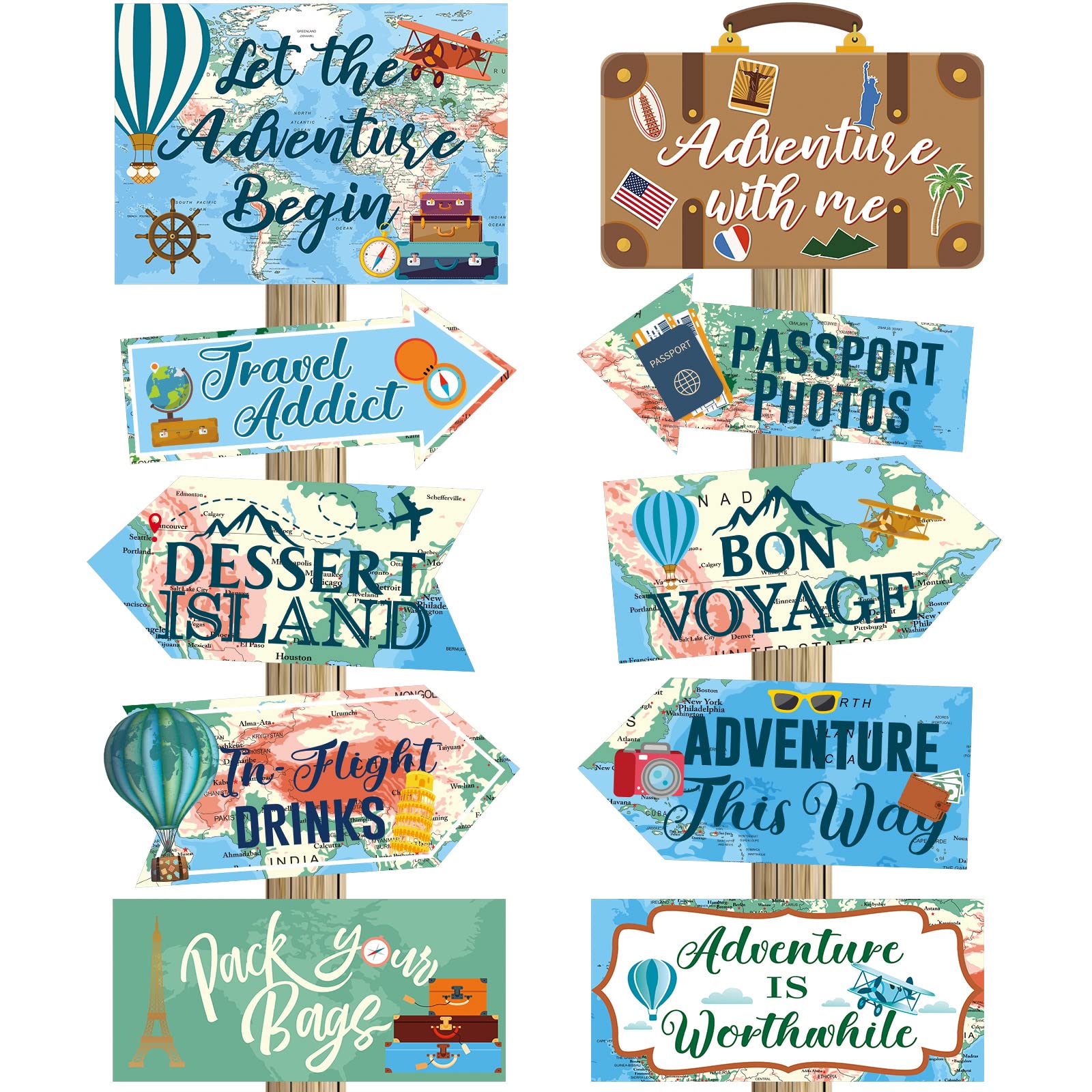 20 Pcs Travel Themed Party Decorations Set Let The Adventure Begin Sign Signs Bon Voyage for Birthday Baby Shower Decorations, 11 x 8 Inch, 5 Inch