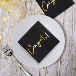 Congratulations Cocktail Napkins 50 Pack Gold Foil Congrats! Black Paper Napkins Party Supplies Disposable Bar Napkins Perfect for Engagement, Graduation, Baby Shower, Celebration Party 6.5'' x 6.5''