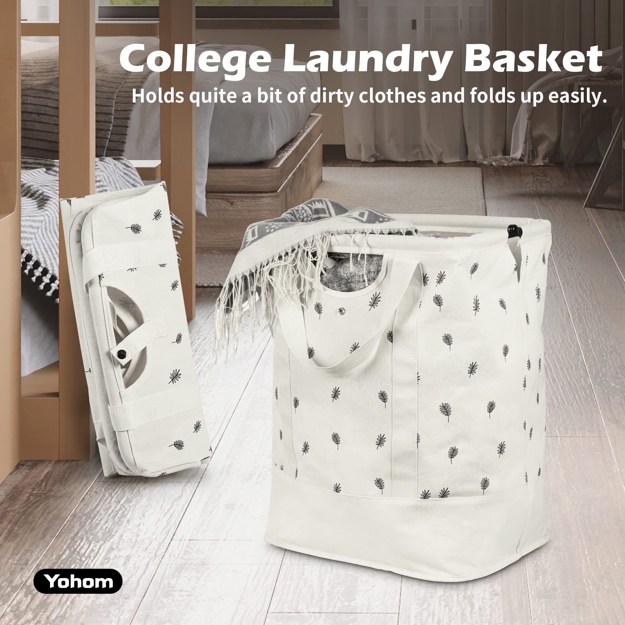 YOHOM Flexible Laundry Baskets Collapsible 60L Canvas Portable Tote Bag Bathroom Storage Bin Toy Organizer for College Dorms, Bedroom, Bathroom Oatmeal/Creamy-White