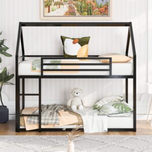 Harper & Bright Designs Twin Over Twin House Bunk Bed with Built-in Ladder, Metal Low Bunk Bed for Kids Girls Boys - Black