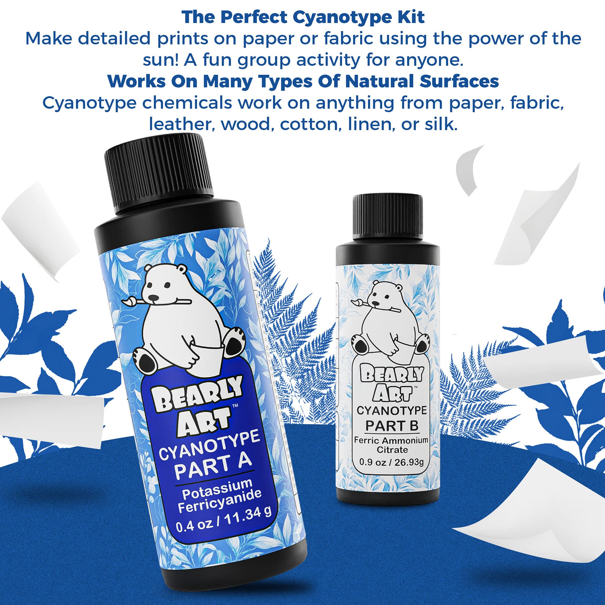 Bearly Art Cyanotype Kit - Sun - Solar Print Set for Photographic Printing on Paper and Fabric - 2 Part Sensitizer - Archival - Creates 32 8"x10" Prints on Paper and 25 on Fabric