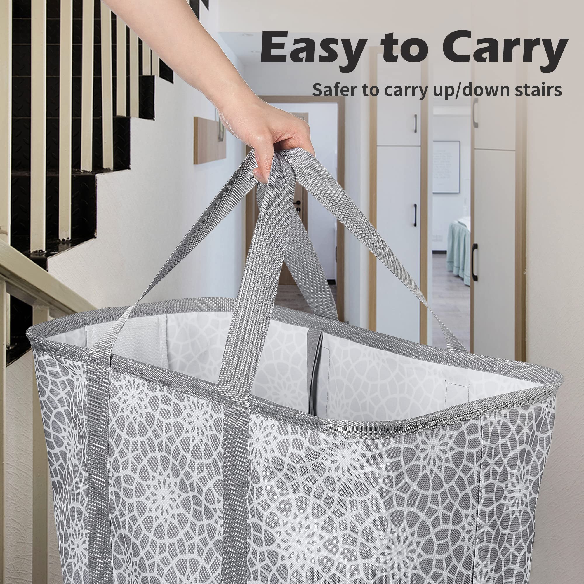 YOHOM Portable Laundry Caddy, Collapsible Basket Tote, Space-Saving Foldable Laundry Hamper, Pop-Up Storage Basket with Long Carry Handles for Dorm Dirty Clothes (Gray Flower, Large)