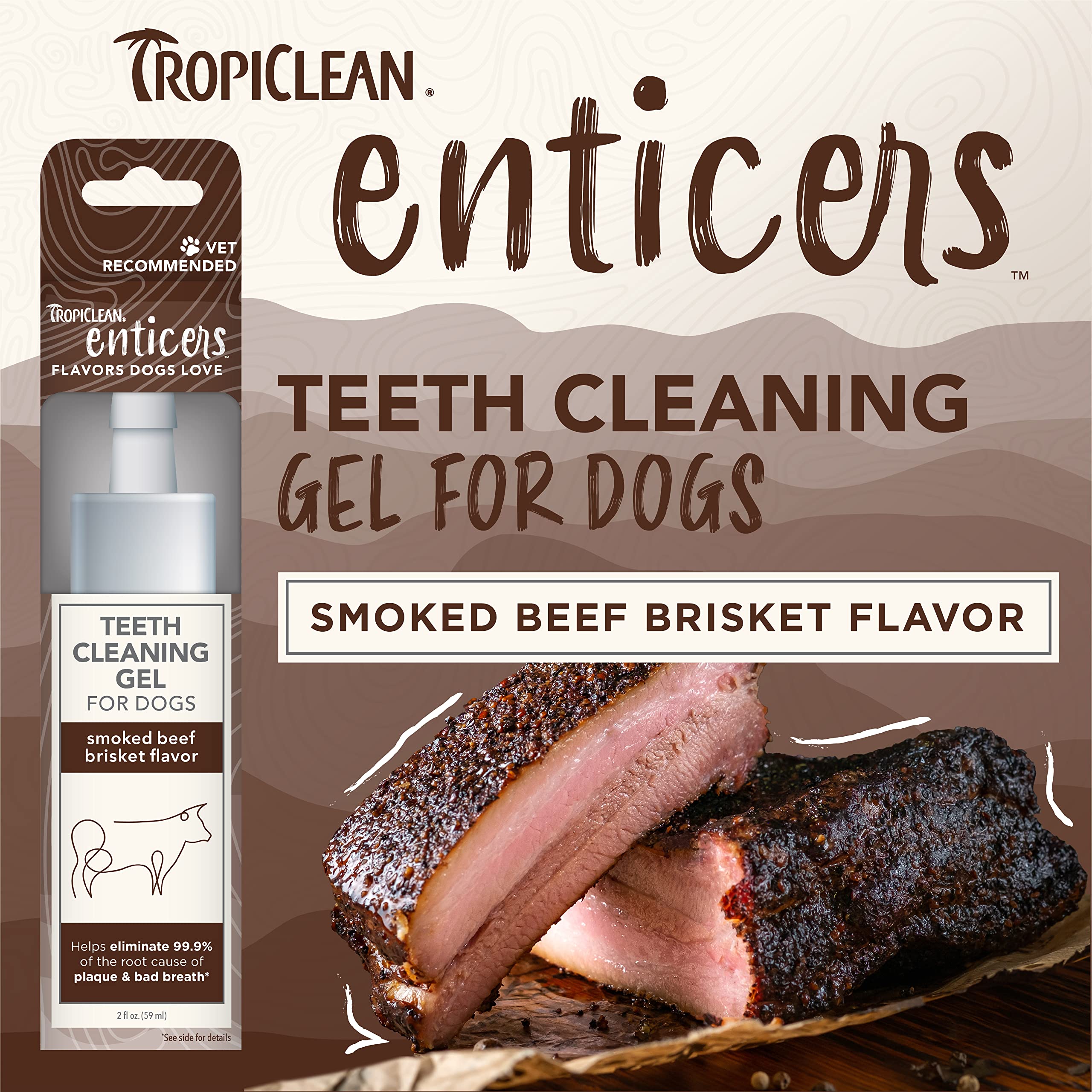 TropiClean Enticers Dog Teeth Cleaning Treat Gel | Beef Brisket Flavored Dog Toothpaste Alternative | 2 oz.