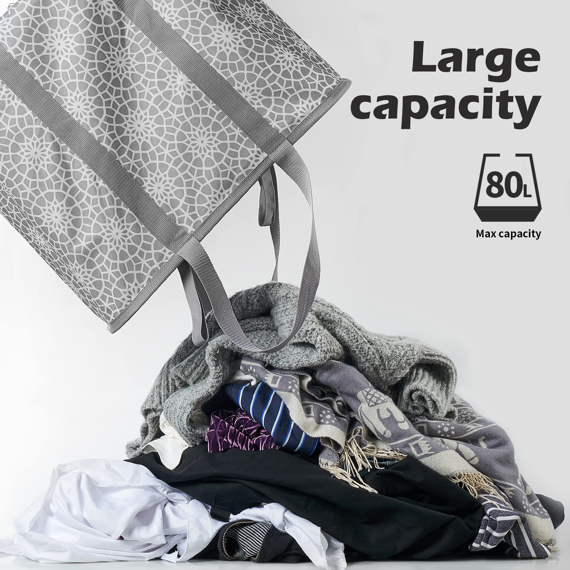 YOHOM Portable Laundry Caddy, Collapsible Basket Tote, Space-Saving Foldable Laundry Hamper, Pop-Up Storage Basket with Long Carry Handles for Dorm Dirty Clothes (Gray Flower, Large)