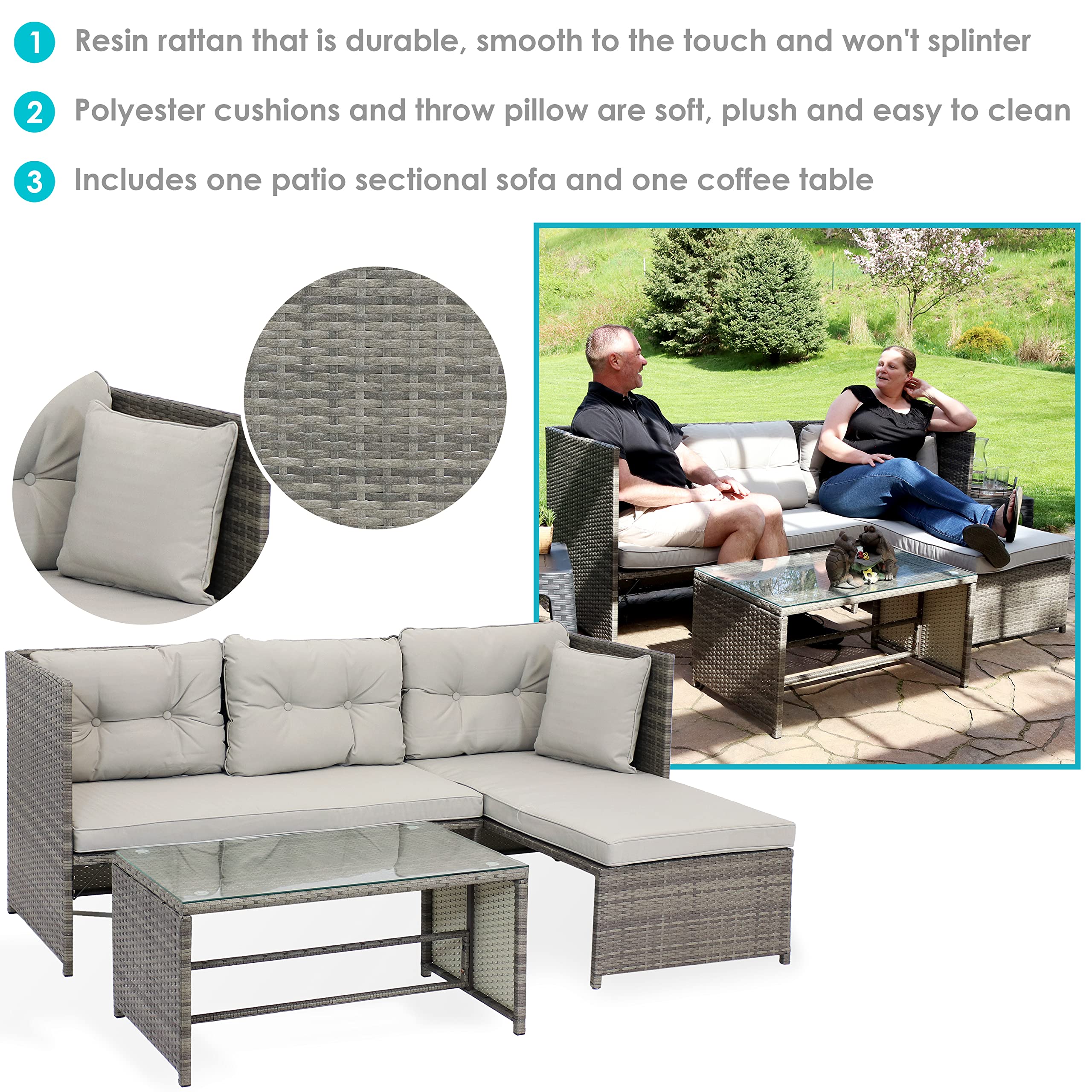 Sunnydaze Longford Outdoor Patio Sectional Sofa Set - Backyard Brown Rattan Wicker Chaise Lounge Furniture with Coffee Table and Thick Cushions - Conversation Set - Slate Gray Cushions