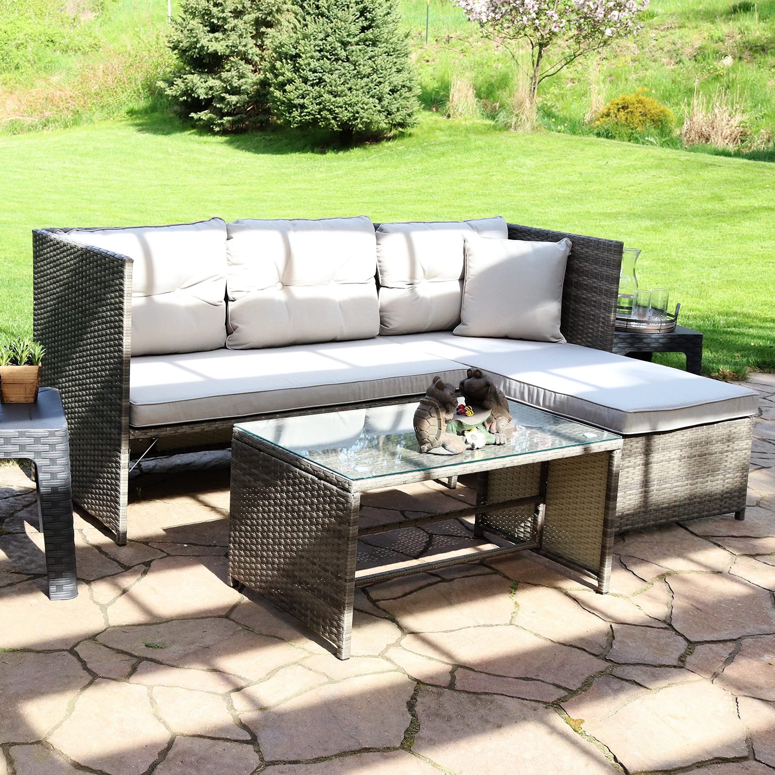 Sunnydaze Longford Outdoor Patio Sectional Sofa Set - Backyard Brown Rattan Wicker Chaise Lounge Furniture with Coffee Table and Thick Cushions - Conversation Set - Slate Gray Cushions