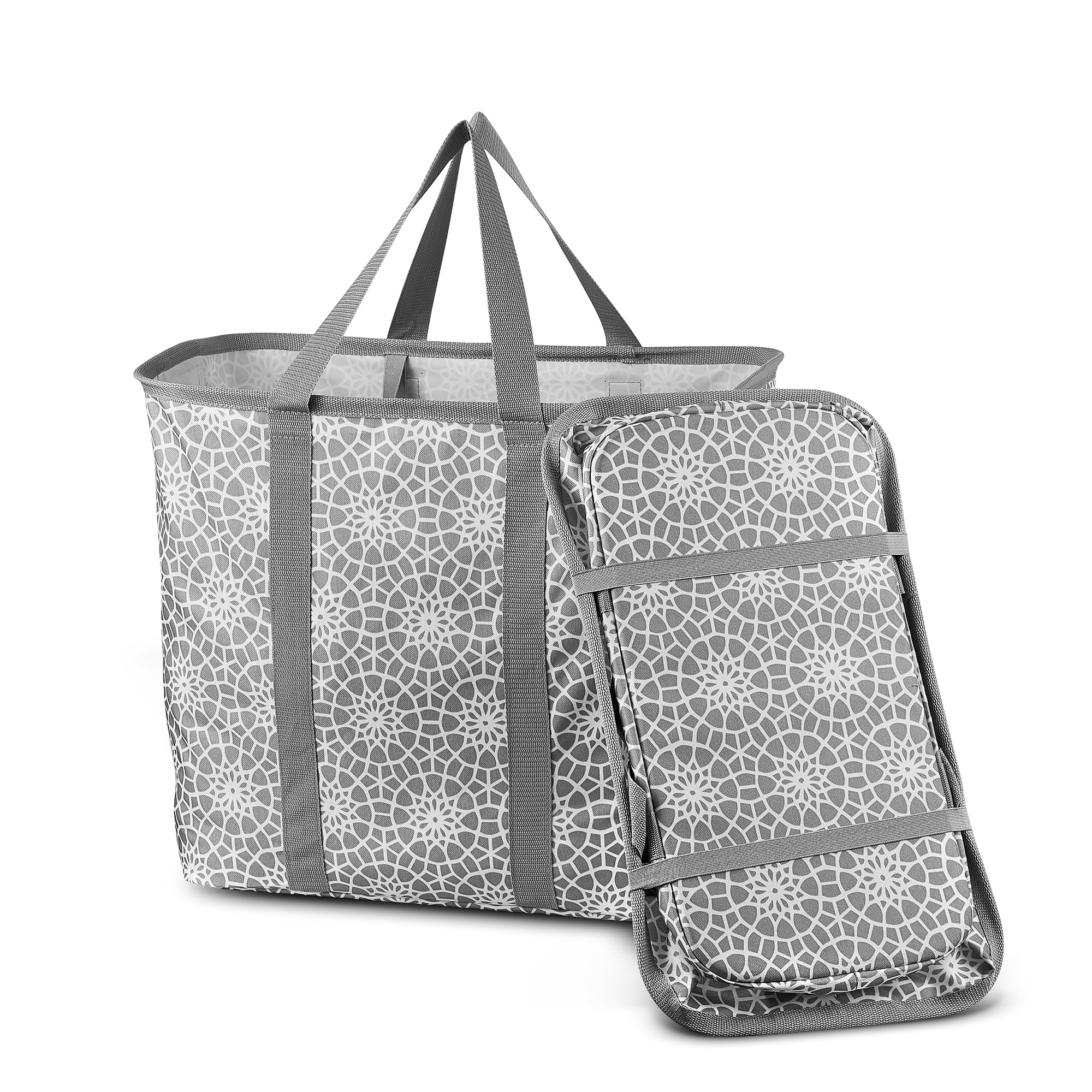 YOHOM Portable Laundry Caddy, Collapsible Basket Tote, Space-Saving Foldable Laundry Hamper, Pop-Up Storage Basket with Long Carry Handles for Dorm Dirty Clothes (Gray Flower, Large)