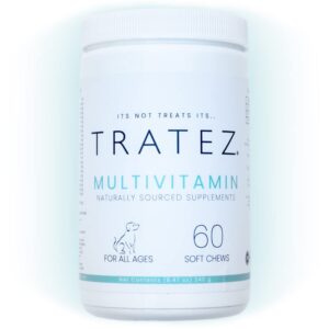 tratez multivitamin supplement for dogs, 60 soft chews with 25 essential vitamins and nutrients, advanced formula for premium support of skin and coat, hip and joint mobility and improved digestion