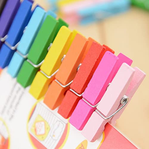 200 Pack Colored Wooden Clothes Pins, 10 Colors Wooden Clothes Pins with 66FT Jute Twine, Rainbow Clips for Photos, Pictures, Clothing Hanging (1.89 in)