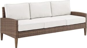 crosley furniture capella wicker outdoor sofa, 3-person patio couch for porch, deck, backyard, brown with creme cushions