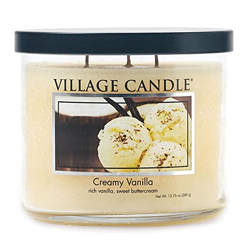 Village Candle Creamy Vanilla Medium Bowl Three Wick Candle, 14 Net Ounces, Ivory