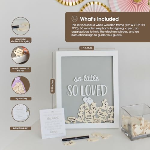 Pearhead So Little So Loved Wooden Elephant Token Frame, Little Wishes Signature Baby Shower Guestbook Alternative, Gender-Neutral Pregnancy Keepsake With 65 Signature Tokens and Pen, Gray and White