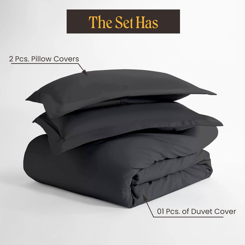 Banke Bihari Collection 1000 TC Dark Grey Solid Twin XL Duvet Cover + 2 Matching Pillowcase Pure Egyptian Cotton with Zip Closure & Corner Ties