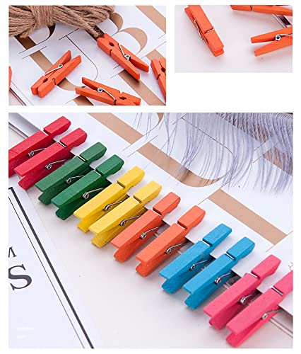 200 Pack Colored Wooden Clothes Pins, 10 Colors Wooden Clothes Pins with 66FT Jute Twine, Rainbow Clips for Photos, Pictures, Clothing Hanging (1.89 in)