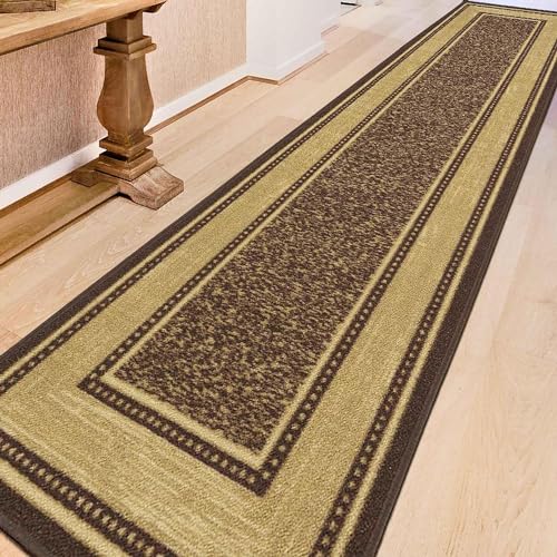 Ottomanson Ottohome Non-Slip Rubberback Bordered Design 3x10 Indoor Runner Rug, 2'7" x 9'10", Brown