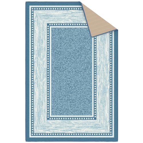 Ottomanson Ottohome Non-Slip Rubberback Bordered Design 3x5 Indoor Area Rug, 3'3" x 5', Turquoise