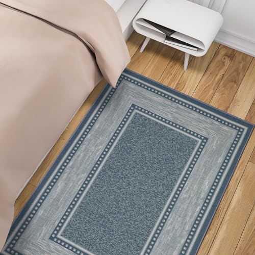 Ottomanson Ottohome Non-Slip Rubberback Bordered Design 3x5 Indoor Area Rug, 3'3" x 5', Turquoise