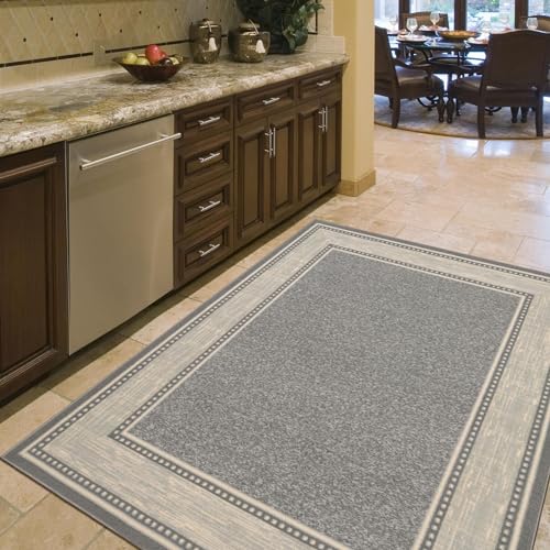 Ottomanson Ottohome Non-Slip Rubberback Bordered Design 5x7 Indoor Area Rug, 5' x 6'6", Light Gray