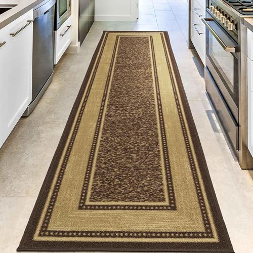 Ottomanson Ottohome Non-Slip Rubberback Bordered Design 3x10 Indoor Runner Rug, 2'7" x 9'10", Brown