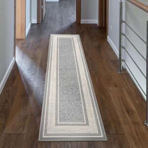 Ottomanson Ottohome Non-Slip Rubberback Bordered Design 2x7 Indoor Runner Rug, 1'10" x 7', Light Gray