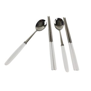 (Set of 2) Modern Style Reusable Premium Stainless Steel Spoon & Chopstick Set, Lightweight, Dishwasher Safe, Made in Korea (White)