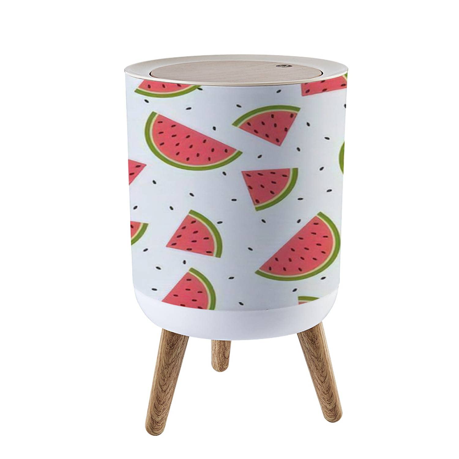 CAKOJV188 7L/1.8 Gallon Garbage Can with Press Top Lid Seamless Watermelons Flat Design Trash Bin with Wooden Legs Dog Proof Round Trash Can for Kitchen Outdoor Bathroom