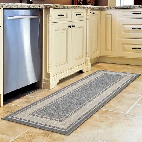 Ottomanson Ottohome Non-Slip Rubberback Bordered Design 2x5 Indoor Runner Rug, 20" x 59", Light Gray